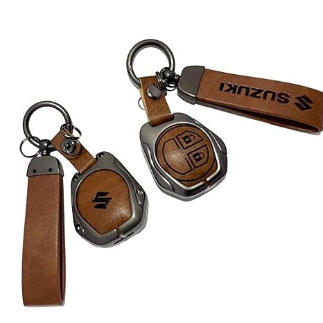 Leather Metal Brown Key Cover for Maruti Suzuki S-Presso | Baleno | Fronx | Alto-800 | Ignis | Swift | Celerio | S-Cross | Ritz | Ciaz | SX4 | Ertiga | Wagon-R | XL 6 | Dezire | Vitara Brezza Flip Key (2 Button Flip Key) Leather Key Cover