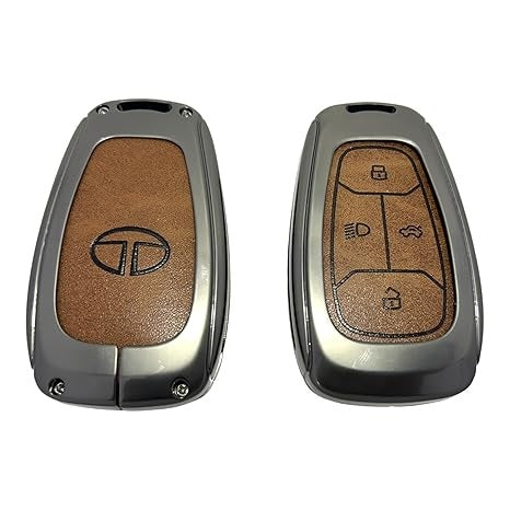 Leather Metal Brown Key Cover for Tata Altroz | Punch | Tiago | Bolt | Harrier | Tigor | Gravitas | Nexon | New Safari (4 Button Smart Key)