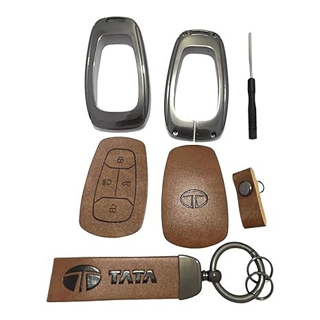 Leather Metal Brown Key Cover for Tata Altroz | Punch | Tiago | Bolt | Harrier | Tigor | Gravitas | Nexon | New Safari (4 Button Smart Key)