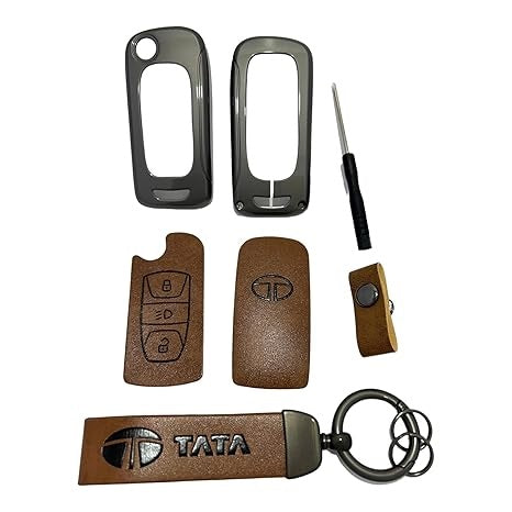 Metal Leather Brown Key Cover for Tata Harrier | Punch | Tigor | Bolt | Nexon | Hexa | Zest | Tiago Flip Key (3 Button Flip Key)