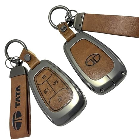 Leather Metal Brown Key Cover for Tata Altroz | Punch | Tiago | Bolt | Harrier | Tigor | Gravitas | Nexon | New Safari (4 Button Smart Key)