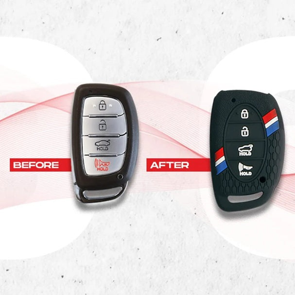 Silicon Striped Car Key Cover Fit for Hyundai – Alcazar & Creta 4 Button Smart Car Key Cover (Black)