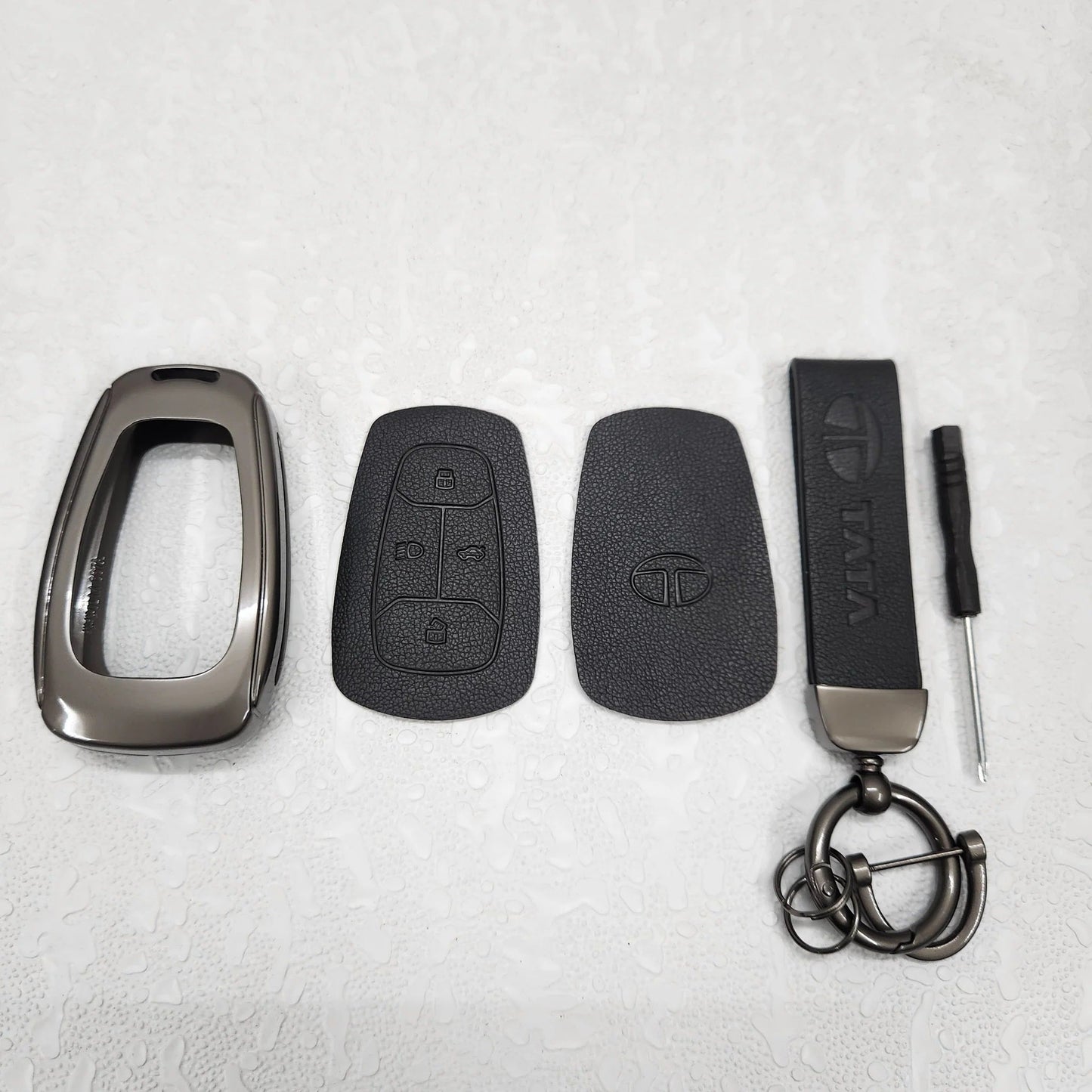 Leather Metal Key Cover for Tata Altroz | Punch | Tiago | Bolt | Harrier | Tigor | Gravitas | Nexon | New Safari (4 Button Smart Key)