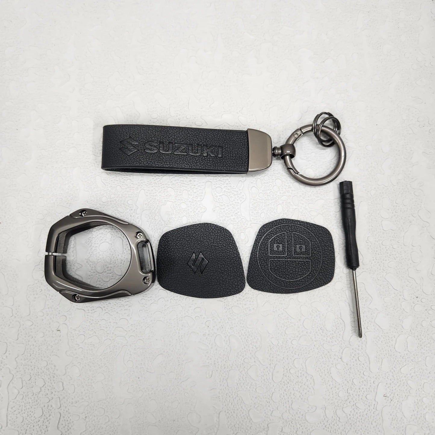 Leather Metal Key Cover for Maruti Suzuki S-Presso | Baleno | Fronx | Alto-800 | Ignis | Swift | Celerio | S-Cross | Ritz | Ciaz | SX4 | Ertiga | Wagon-R | XL 6 | Dezire | Vitara Brezza Flip Key (2 Button Flip Key) Leather Key Cover