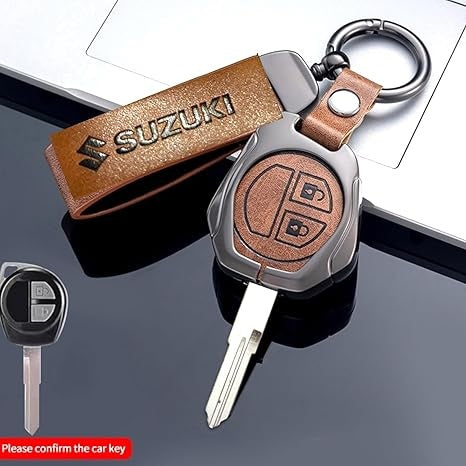 Leather Metal Brown Key Cover for Maruti Suzuki S-Presso | Baleno | Fronx | Alto-800 | Ignis | Swift | Celerio | S-Cross | Ritz | Ciaz | SX4 | Ertiga | Wagon-R | XL 6 | Dezire | Vitara Brezza Flip Key (2 Button Flip Key) Leather Key Cover