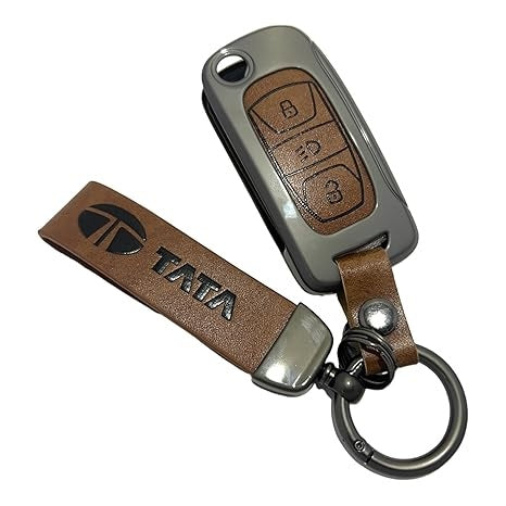 Metal Leather Brown Key Cover for Tata Harrier | Punch | Tigor | Bolt | Nexon | Hexa | Zest | Tiago Flip Key (3 Button Flip Key)