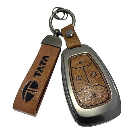 Leather Metal Brown Key Cover for Tata Altroz | Punch | Tiago | Bolt | Harrier | Tigor | Gravitas | Nexon | New Safari (4 Button Smart Key)