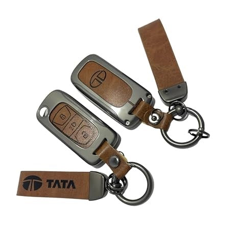 Metal Leather Brown Key Cover for Tata Harrier | Punch | Tigor | Bolt | Nexon | Hexa | Zest | Tiago Flip Key (3 Button Flip Key)