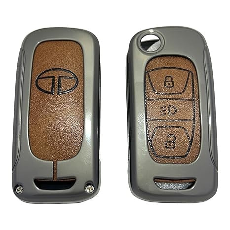 Metal Leather Brown Key Cover for Tata Harrier | Punch | Tigor | Bolt | Nexon | Hexa | Zest | Tiago Flip Key (3 Button Flip Key)