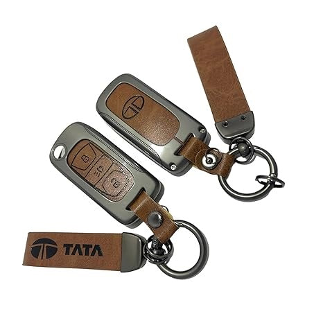 Metal Leather Brown Key Cover for Tata Harrier | Punch | Tigor | Bolt | Nexon | Hexa | Zest | Tiago Flip Key (3 Button Flip Key)
