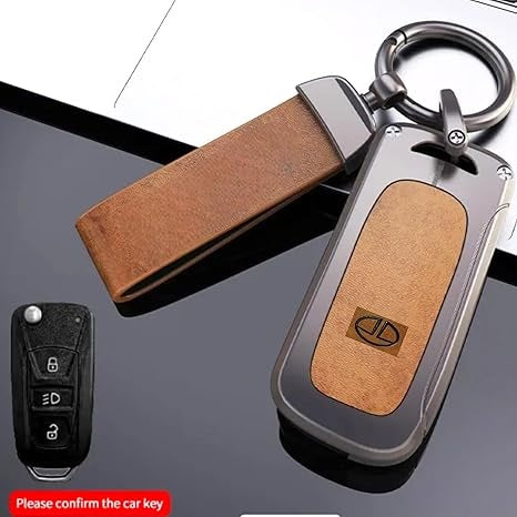 Metal Leather Brown Key Cover for Tata Harrier | Punch | Tigor | Bolt | Nexon | Hexa | Zest | Tiago Flip Key (3 Button Flip Key)