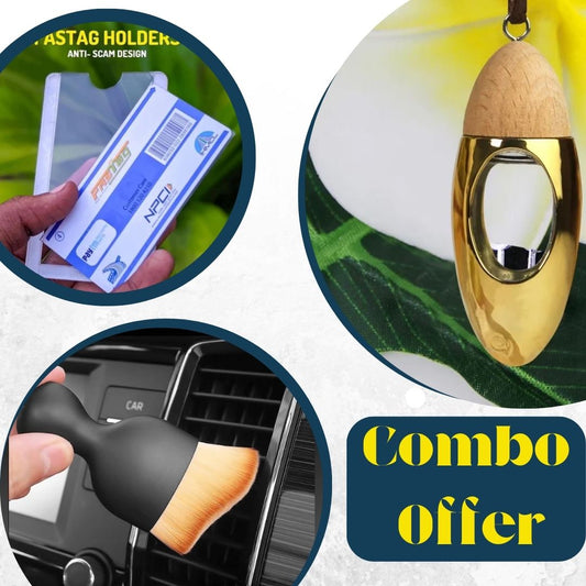 Combo of  Fast TAG Holder + Cleaning Duster + Clear Glass Perfume Aroma Bottle Gold Bullet Car Diffuser
