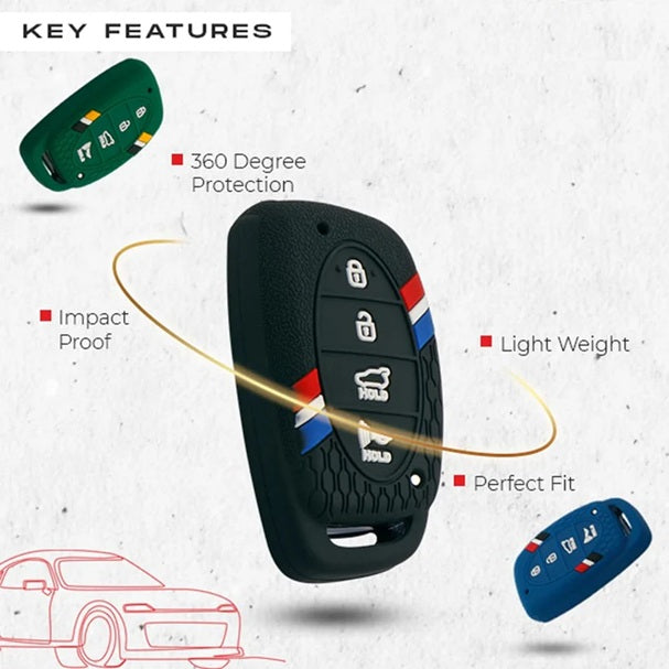 Silicon Striped Car Key Cover Fit for Hyundai – Alcazar & Creta 4 Button Smart Car Key Cover (Black)