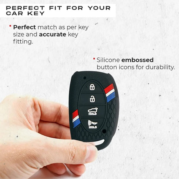 Silicon Striped Car Key Cover Fit for Hyundai – Alcazar & Creta 4 Button Smart Car Key Cover (Black)