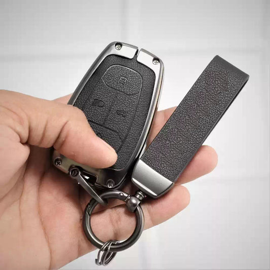 Leather Metal Key Cover for Tata Altroz | Punch | Tiago | Bolt | Harrier | Tigor | Gravitas | Nexon | New Safari (4 Button Smart Key)